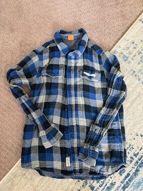 Casual Blue Black Gray Plaid Boy’s Button-Up Shirt - Reversible